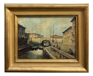 Bonaldi, Milanese Canal, The Walk Along the Naviglio, 20th Century, Oil on Panel, Framed