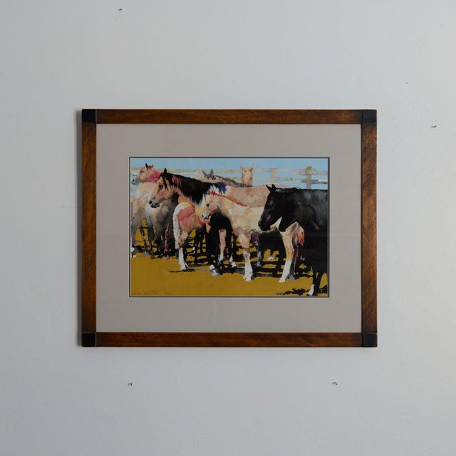 Signed watercolor-style print by Don Weller of a group of horses standing against a corral fence under a blue sky, in...