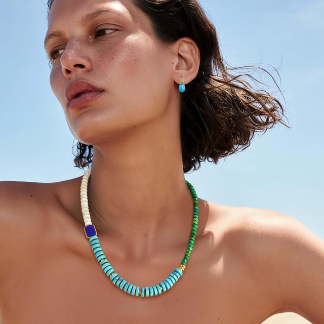 Three colors of Tibetan turquoise, blocked in sequence, green faceted rondelles, white, blue heishi with 22K gold vermeil...