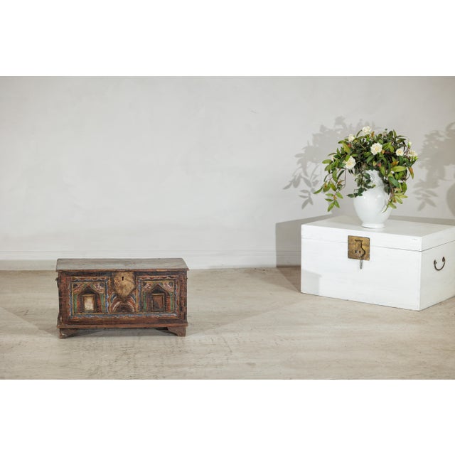 Antique Indian Painted Chest with Hinged Lid and Traces of Original Mirrors For Sale - Image 16 of 18