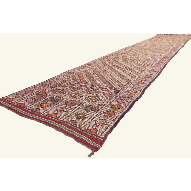 21961 Vintage Zemmour Moroccan Kilim Rug, 03'06 x 18'04. The Sacred Threshold: A Vintage Zemmour Moroccan Masterpiece of...