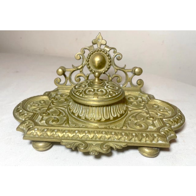 Antique Ornate 19th Century Victorian Gilt Brass Desk Inkwell Stand Tray Letter - Set of 2 For Sale - Image 4 of 11