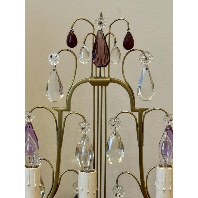 Gold Pair Antique Bronze French Amethyst Crystal Candelabra Lamp Girandoles Lyre Back For Sale - Image 8 of 8