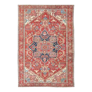 Early 20th Century Antique Persian Serapi Carpet in Warm Red Ivory and Blue With Geometric Design