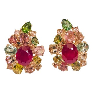Bochic "Orient" Ruby & Multi Color Tourmalines Earrings Set 18K Gold & Silver For Sale