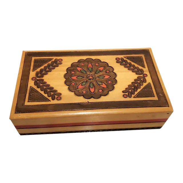 Vintage Made in Poland Hand Carved & Painted Wood Cigar/jewelry Box For Sale