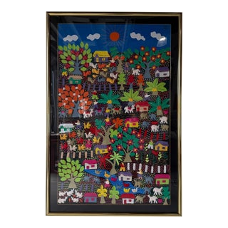 Large Vintage Mexican Arpillería Folk Art Textile Wall Hanging – Framed Under Plexiglass For Sale