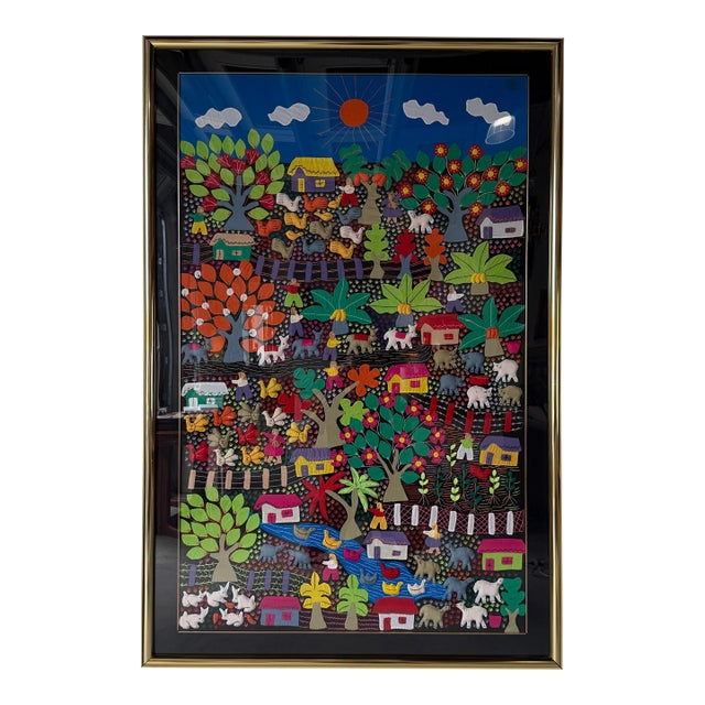 Large Vintage Mexican Arpillería Folk Art Textile Wall Hanging – Framed Under Plexiglass For Sale