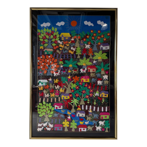 Large Vintage Mexican Arpillería Folk Art Textile Wall Hanging – Framed Under Plexiglass