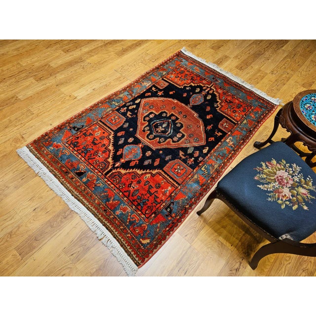 Vintage Persian Malayer Tribal Area Rug, Hand-Knotted Wool, Geometric Pattern, 4x6, Terracotta & Blue For Sale In Chicago - Image 6 of 16