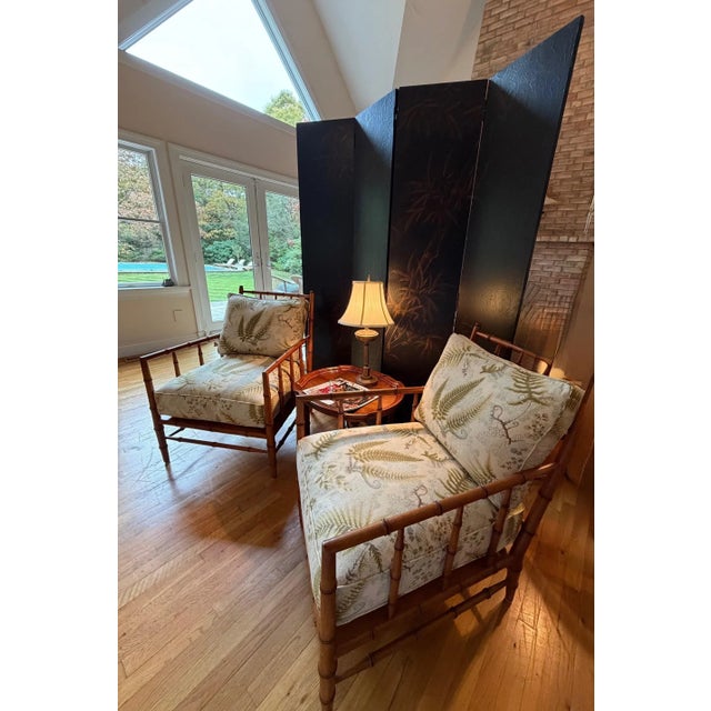 Wood Chinoiserie Style Screen, Room Divider in Black With Bamboo Pattern by Baker For Sale - Image 7 of 18