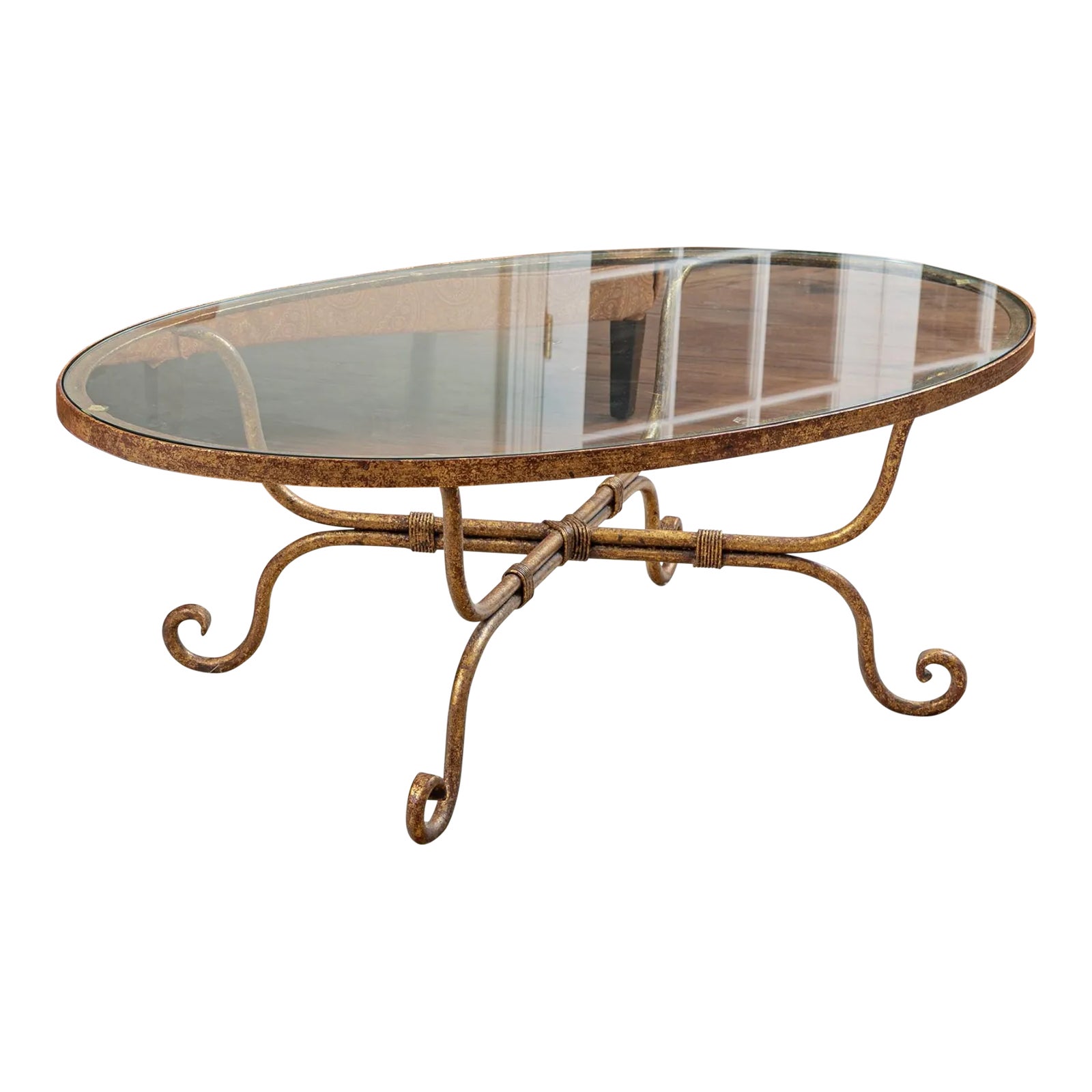 Late 20th Century Vintage Gilt Iron and Glass-Top Oval Cocktail Table ...