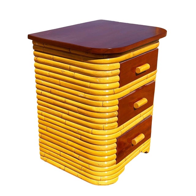 Yellow Restored Frankl Style Full Stacked Rattan Bed Frame W/ Night Stands Bedroom Set For Sale - Image 8 of 10