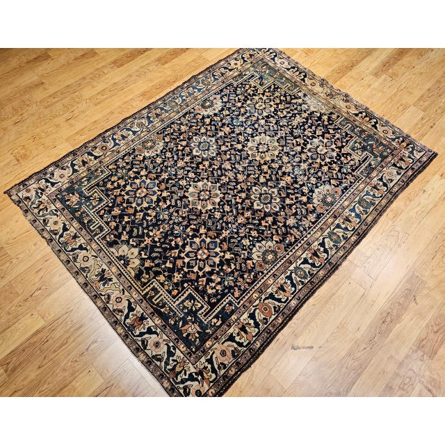 Vintage Persian Malayer Area Rug, Hand-Knotted Wool, Geometric Pattern, 5x7, Navy & Ivory For Sale - Image 18 of 18