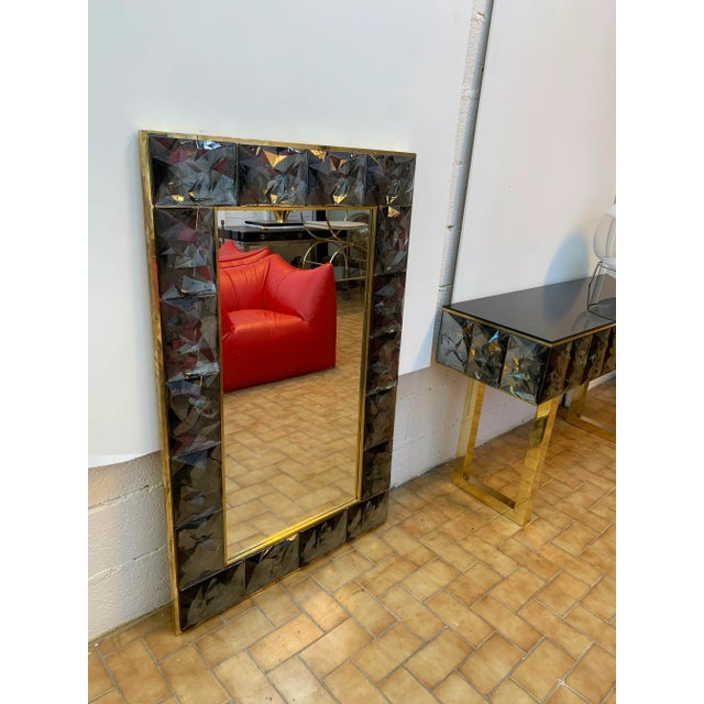Contemporary Brass Mirror with Gray Murano Glass, Italy For Sale - Image 4 of 11
