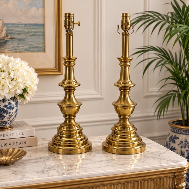 Vintage Stiffel Solid Brass Table Lamps – Hollywood Regency Pair A beautiful matching pair of vintage Stiffel solid brass...