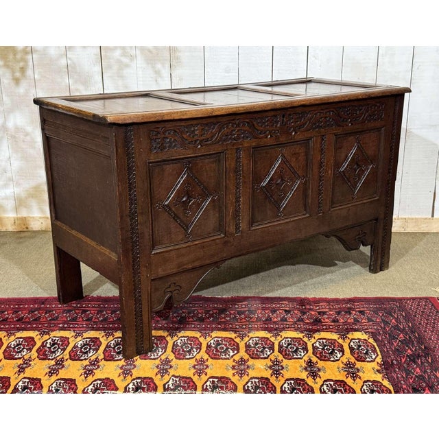 19th century English oak chest - L=1.26m, D=54cm, H=74cm.