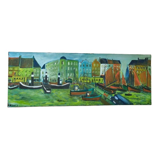 A. Niclass, Port City, Oil on Canvas For Sale