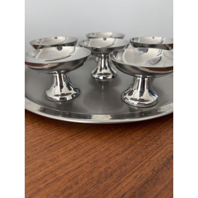 Vintage Sorbet Bowl with Serving Tray in Stainless Steel, 1970s, Set of 7 For Sale - Image 7 of 9