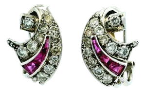 French 1950s 14k White Gold Diamond & Ruby Scroll Earrings, A Pair
