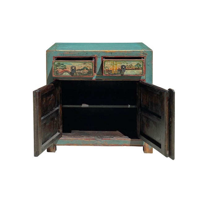 Chinese Distressed Turquoise Blue Old Graphic Credenza Cabinet For Sale In San Francisco - Image 6 of 8