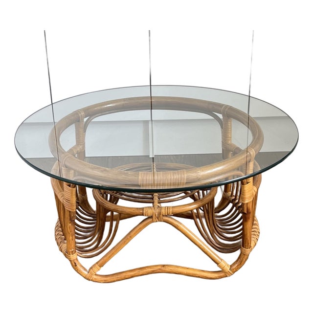 Vintage MCM Rattan Coffee Table 30" Round Glass Top Franco Albini Style Boho For Sale