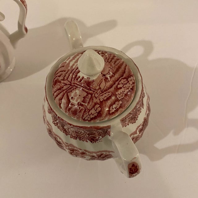 1950s Vintage Wood & Son English Transferware Creamer & Sugar Set, Pink Mulberry Pastoral For Sale - Image 5 of 7