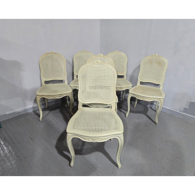 A very nice set of six French painted dining chairs, bergere seats and backs, painted in Farrow and Ball french grey, in...