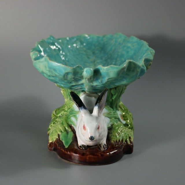 Ceramic Minton Majolica Rabbits and Leaves Compote Bowl For Sale - Image 7 of 14