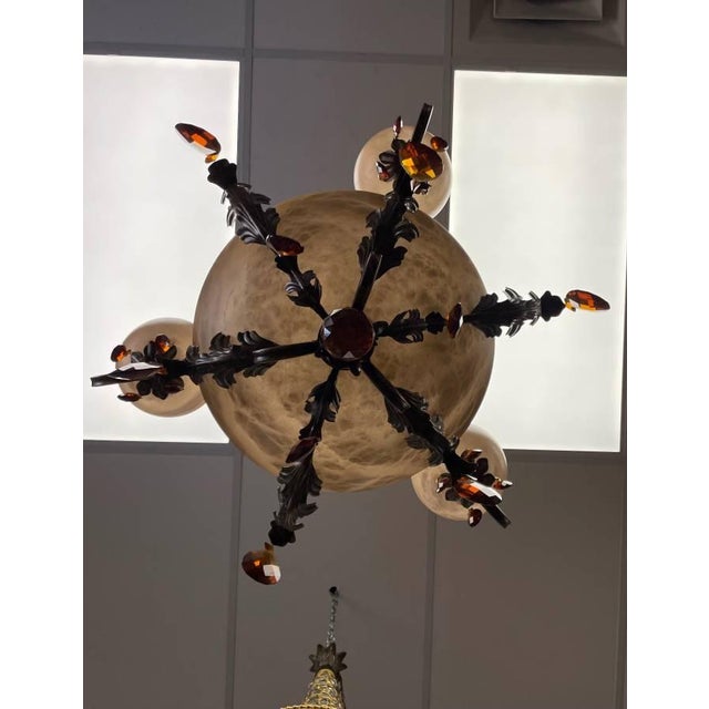 Vintage Fredrick Ramond Alabaster Glass Lighted Chandelier, Amber Crystal Glass, Six Lights, Metal For Sale - Image 10 of 11