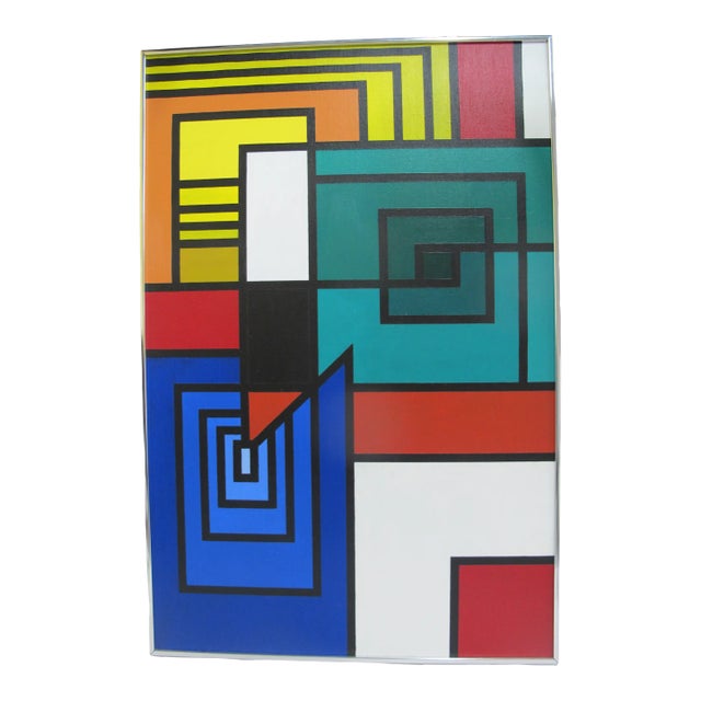 Mondrian Bauhaus Style Vintage Mid Century Modern Colorblock Painting Tri-Op I For Sale