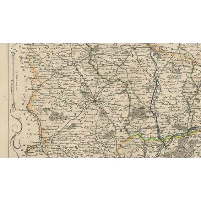 Cream Antique Decorative Map of Oise by Vuillemin, France, 1850 For Sale - Image 8 of 10