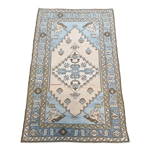Blue Vintage Turkish Geometric Anatolian Oushak Rug For Sale