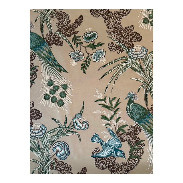 Schumacher Peacock Beige Cotton Fabric 1 1/2 Yards 175914 Miles Redd Collection For Sale