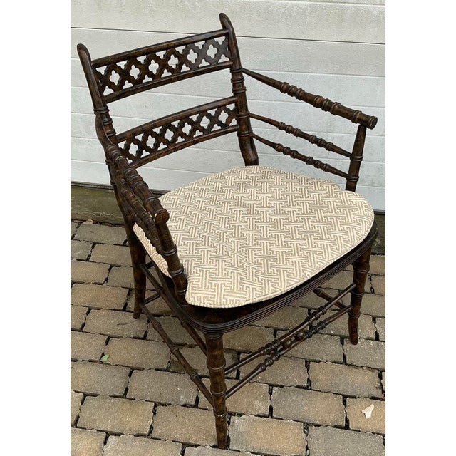 Pair of Regency Style Faux-Bamboo Faux-Painted Caned Seat Arm Chairs by Baker Furniture. For Sale In Providence - Image 6 of 12