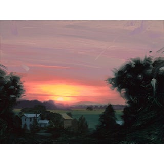 Sunset Over the Farm by Rob Rey | Oil Painting of a sunset over a rural landscape with a farmhouse. For Sale
