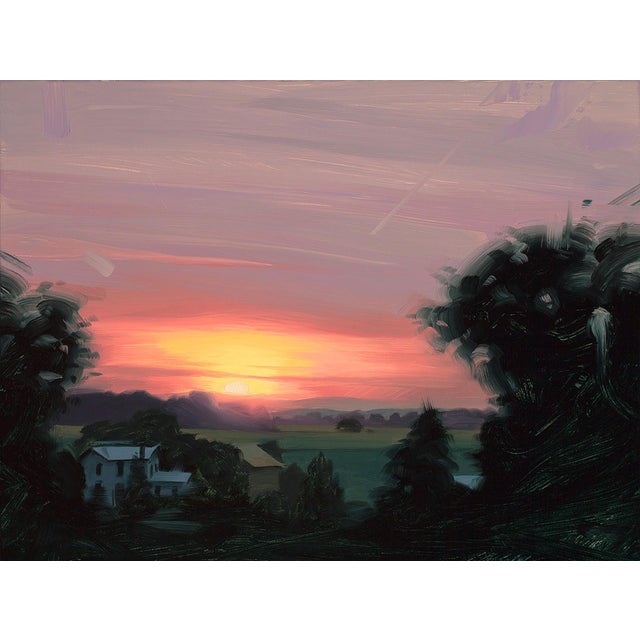 Sunset Over the Farm by Rob Rey | Oil Painting of a sunset over a rural landscape with a farmhouse. For Sale