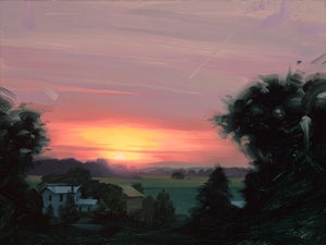 Sunset Over the Farm by Rob Rey | Oil Painting of a sunset over a rural landscape with a farmhouse.