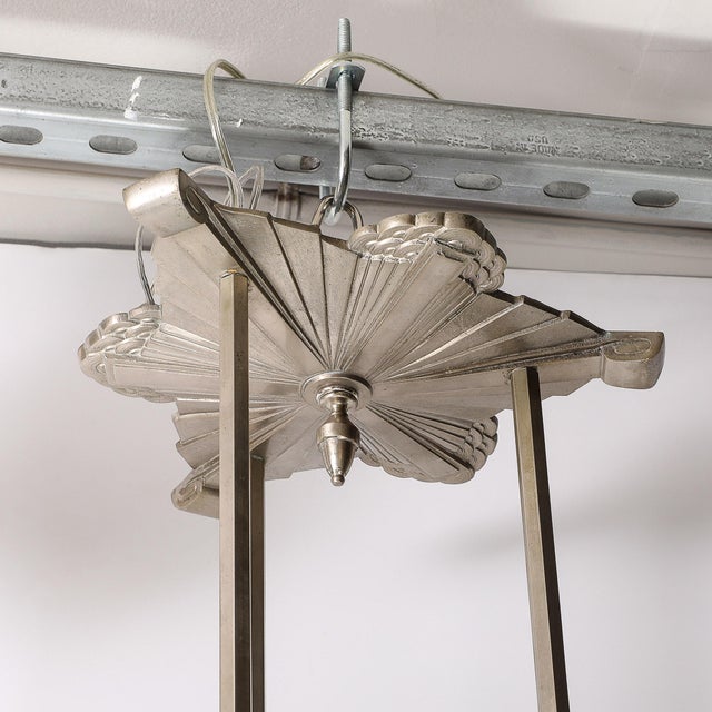 Metal Art Deco Molded, Frosted Floral Abstract Cubist & Nickel Chandelier Signed Degué For Sale - Image 7 of 12