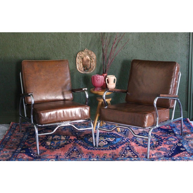 Wood 1940s Art Deco Style Pair of Chromecraft Brown Chairs For Sale - Image 7 of 17