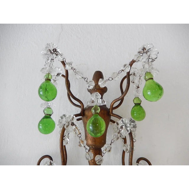 Wood 1920 French Green Murano Drops Beaded Swags Giltwood Sconces For Sale - Image 7 of 13