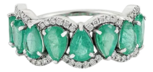 Modern 2.91ct Pear Cut Emerald & Diamond 14k Gold Half Eternity Band Ring Size 4