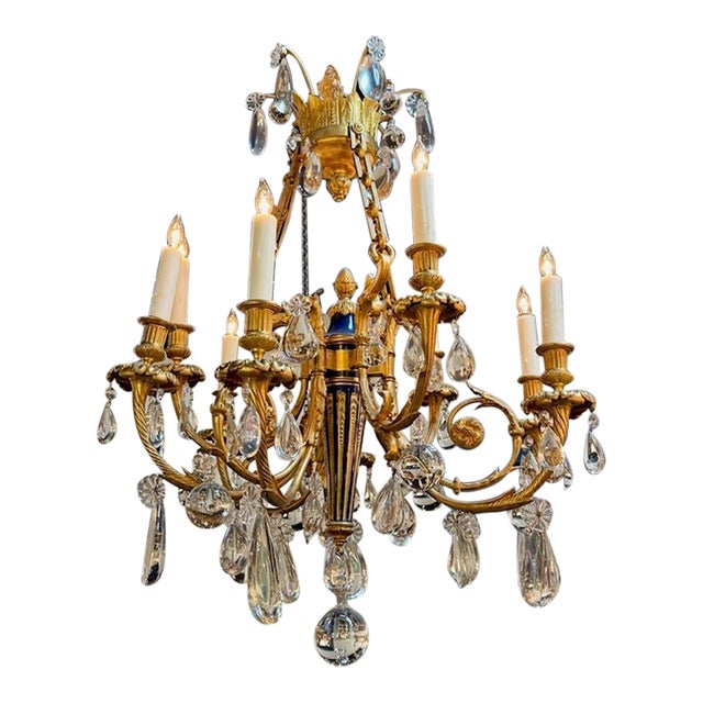 19th Century French Louis XVI Gilt Bronze and Blue Enamel Chandelier For Sale