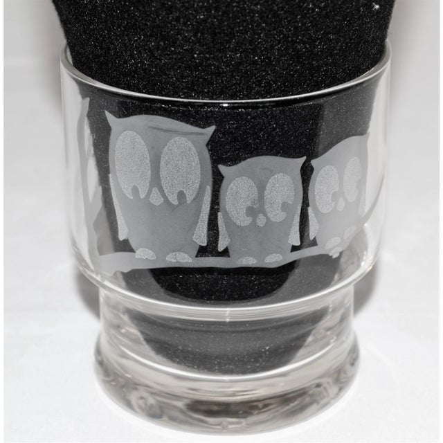 Vintage Bonwit Teller Etched Owl Lowball Rock Cocktail Glasses- Set of 5 For Sale - Image 4 of 5