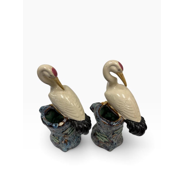 Mid 20th Century Early 20th Century Chinese Export Majolica Style Crane Spill Vases - A Pair For Sale - Image 5 of 7