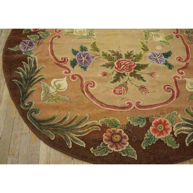 Almond 1920s Tan Almond Floral Folk Art Antique American Hooked Rug 6'6"x 7'5" Handknotted Wool Carpet For Sale - Image 8 of 8
