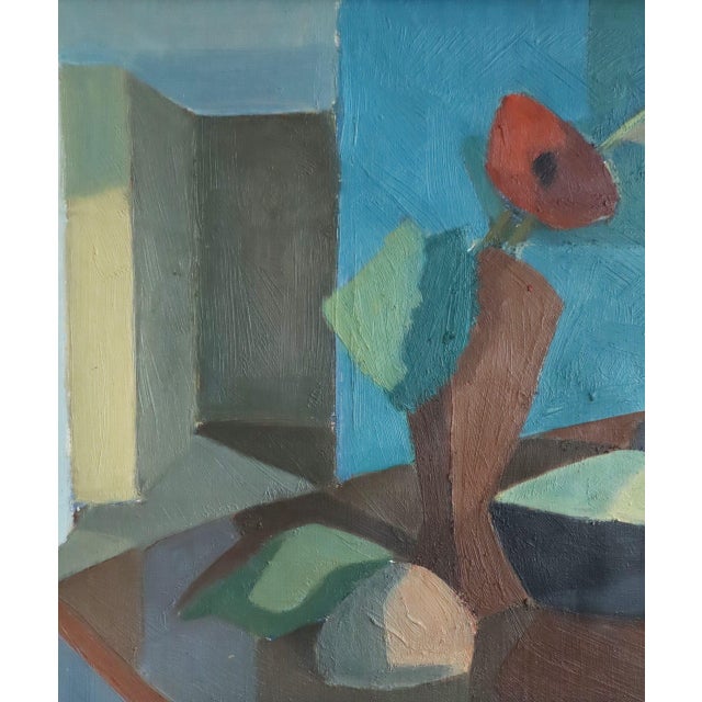 Mid-Century Modern 'Still Life With Cat Figurine' Vintage Swedish Original Geometric Interior Oil Painting, Framed For Sale - Image 9 of 10