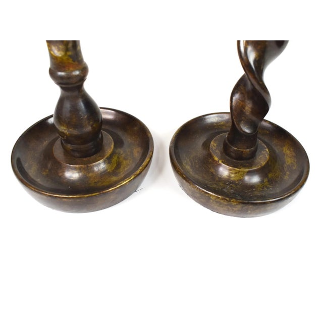 Vintage Tall Twisted Base Bronze Candlestick Pillar Candle Holders - Set of 2 For Sale - Image 9 of 11