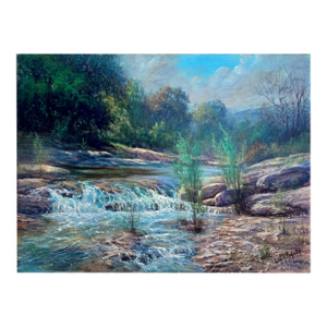 Vintage Acrylic Landscape Painting on Canvas | River, Waterfall & Forest Scene
