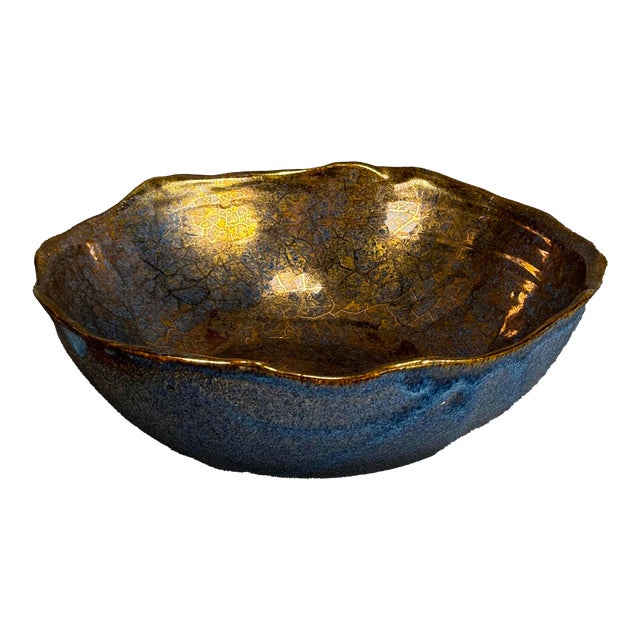 Vintage 1992 Waight Studio Art Pottery Bowl Gold Indigo Lava Glaze For Sale